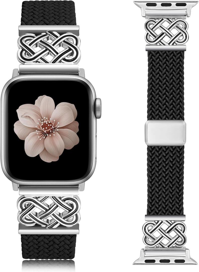 TOYOUTHS Braided Magnetic Band Compatible with Apple Watch Bands 38/40/41/42/44/45/46/49mm Women Men, Dressy Celtic Metal Stretchy Elastic Strap for iWatch Series 11 10 9 8 7 6 5 4 SE/Ultra 3 2 1 (Black/Silver)
