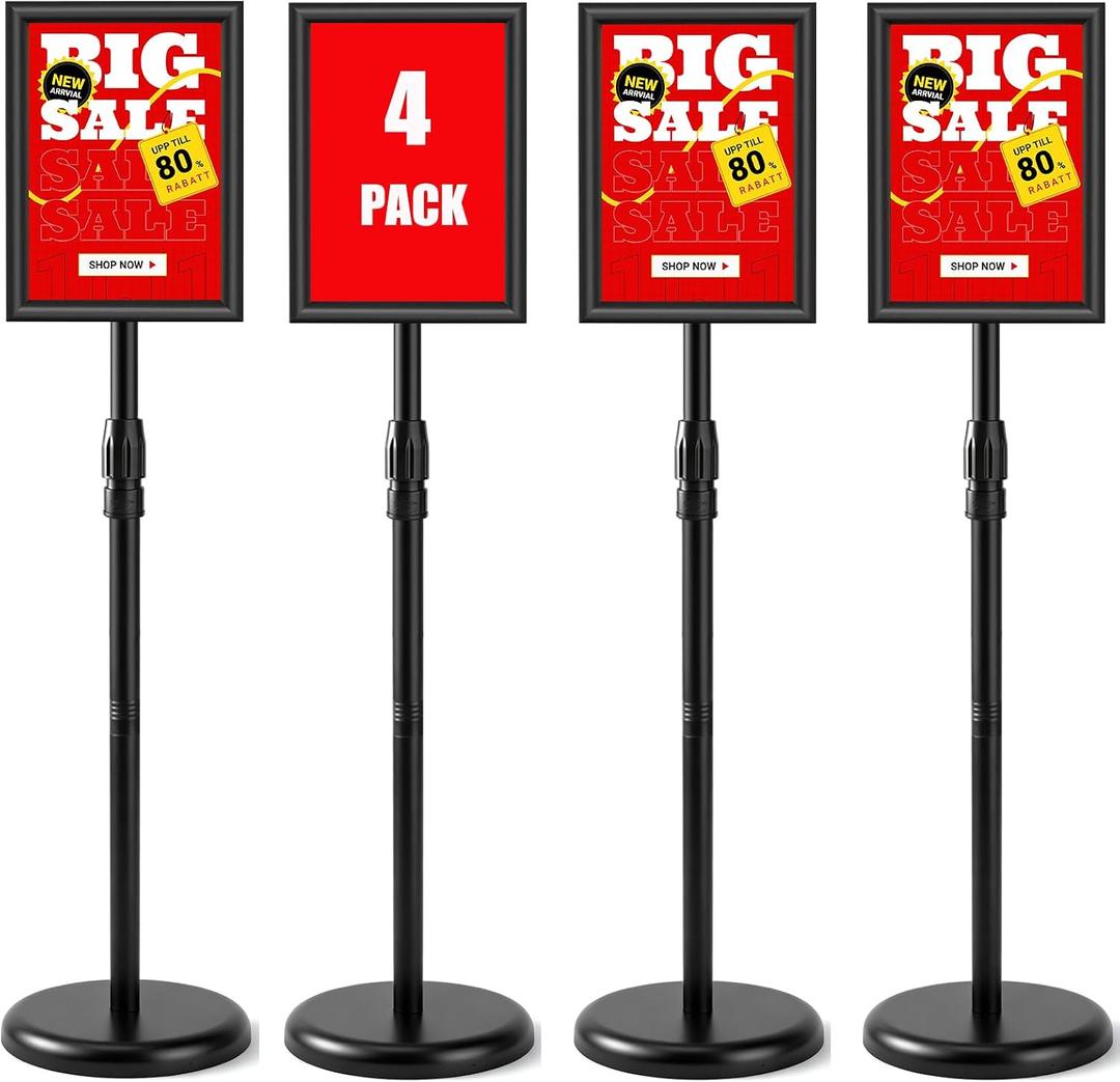 USCNC Sign Holder Stand 8.5x11 inch - Adjustable Floor Standing Sign Holder -Snap open frame,360 Rotation for Malls,Schools,Restaurants (Black 4 Pack)