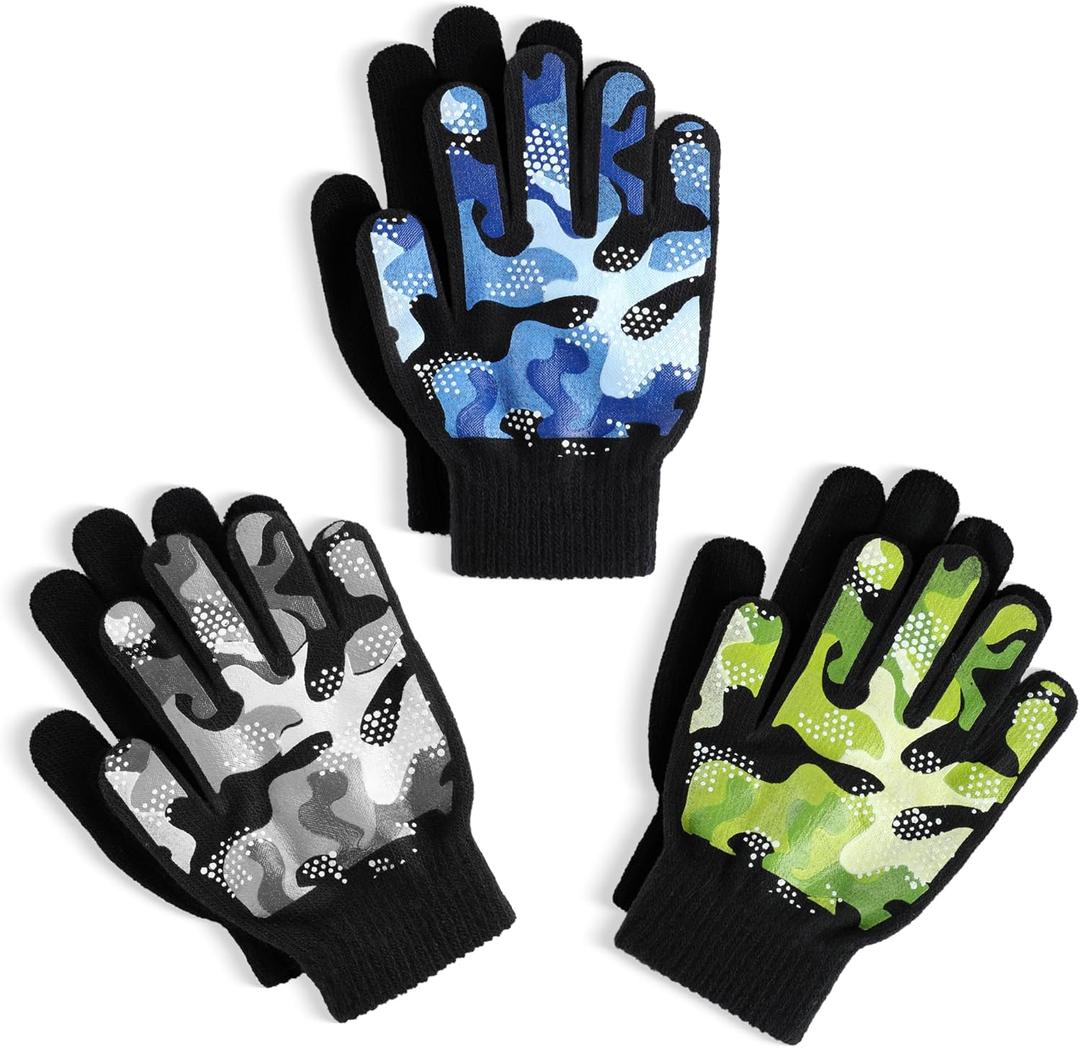 Glooarm 3 Pairs Kids Gloves Winter Gripper Knit Magic Gloves Stretch Warm Cold Weather Gloves for Boys Girls 4-12 Years (6-8 Years, Camo)