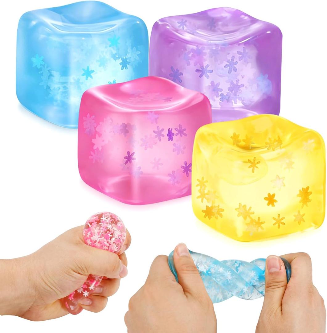 Fidget Toy Stress Cube- 4 Pack Sensory Squeeze Toys, Slow Rising Squishy Cube Filled with Thick Substance and Snowflakes Crafts, Anxiety Stress Relief Calming Tool for Adults and Kids