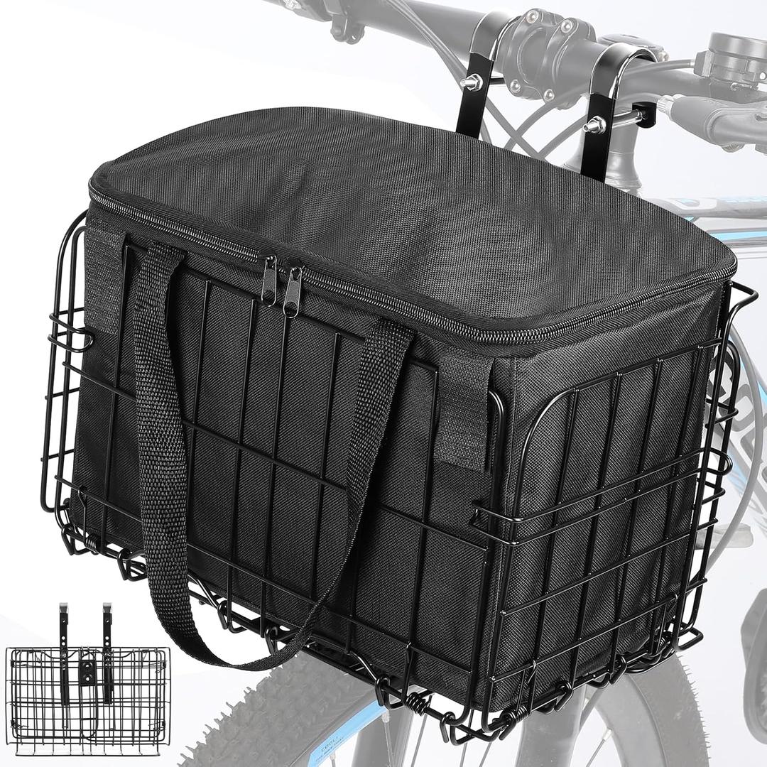 Bike Basket, Folding Bike Basket with Removable Liner Bag, Metal Ebike Basket Quick Release Design, Bike Basket for Adult Women/Men Carrying Dogs, Pets, Fruit & Grocery