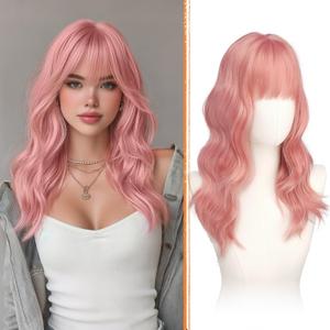 Haloo Pink Wigs with Bangs - 20 Inch Long Soft Wavy Natural Looking Synthetic Heat Resistant Hair Wig for Women Daily Party