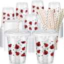 FoldTier 50 Pcs 12 oz Ladybug Disposable Plastic Cups with Straws, Lids and Leakproof Paper Clear Cups Birthday Party Supplies Birthday Table Decorations