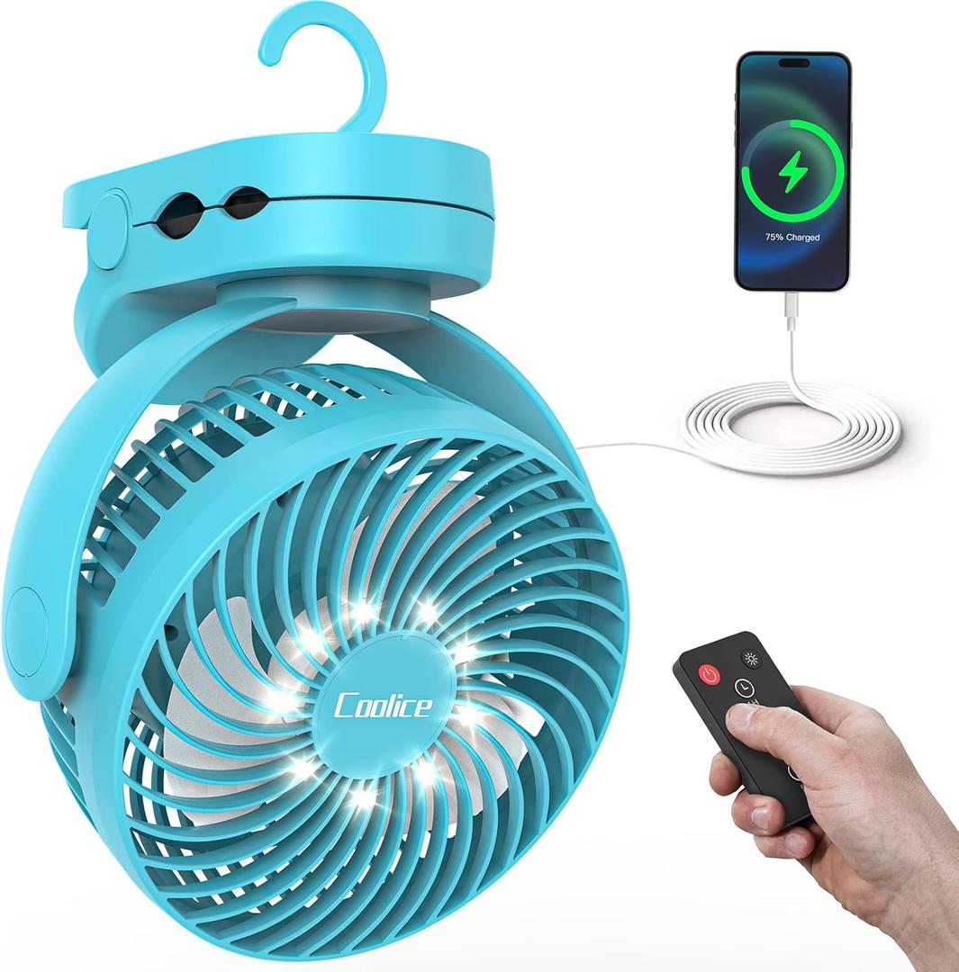 Camping Fan with Remote Control - 12000mAh Rechargeable Battery Powered Fan, Camping Fans for Tents with LED light & Hanging Hook, Rechargeable Battery Operated Ceiling Fans for Tent RV Bed, Blue