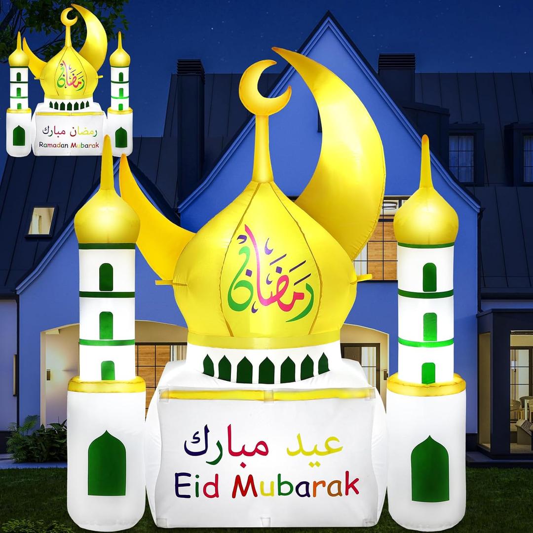 Leyndo 4.9ft Ramadan Inflatable Decoration, Crescent Mosque Lighted Inflatable with Interchangeable Ramadan and Eid Mubarak Signs Blow up Muslim Islamic Moon Decor for Holiday Outdoor Yard Lawn Garden