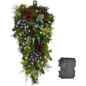Sunny Bay Atelier- Prelit 26" Holiday Teardrop Swag  Lifelike Mixed Artificial Pine & Cedar with Blueberries and Battery-Operated 35 Color Changing LED Light (Battery Operated)