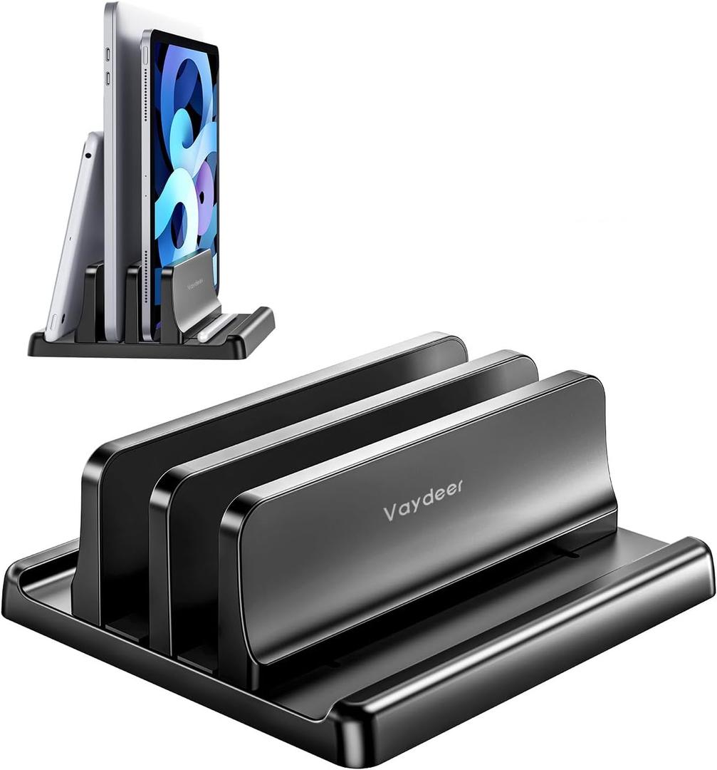Vaydeer Vertical Laptop Stand for Desk, Dual Slots Plastic Laptop Holder with Space Saving 4-in-1 Design, Adjustable Laptop Stand Supports MacBook, Chromebook, Surface, Dell (Black)