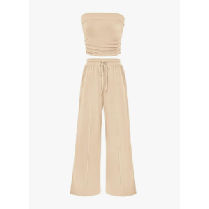 PRETTYGARDEN Womens Summer Outfits 2 Piece Sets Casual Ribbed Knit Crop Tube Top Wide Leg Pants Spring Matching Lounge Set, Size Medium