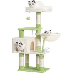 Heybly Cat Tree with Toy, Cat Tower condo for Indoor Cats, Cat House with Padded Plush Perch, Cozy Hammock and Sisal Scratching Posts, Green and Beige HCT004SGM (43.3 inch)