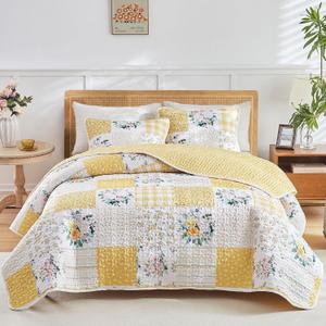 Joyreap 3 Pieces Floral Patchwork Quilt Set King, Yellow n White Flowers Design, Soft n Cozy Microfiber Quilt, Bedspread Bed Cover for All Season, 1 Quilt and 2 Pillow Shams- 102x90 inches