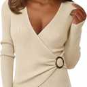 Women's Deep V Neck Jumpers Sexy Low Cut Long Sleeve Ribbed Knit Wrapped Sweater Stretchy Casual Going Out Jumper Tops, Ivory Crean Medium