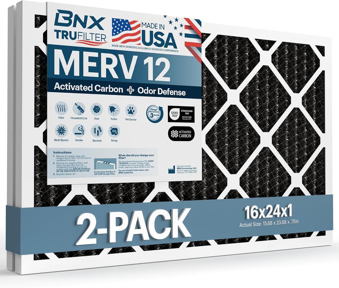 BNX TruFilter 16x24x1 MERV 12 Odor Defense (2-Pack) AC Furnace Air Filter with Activated Carbon - MADE IN USA - Pleated Air Conditioner HVAC AC Furnace Filters - Removes Odor, Mold, Bacteria, Smoke