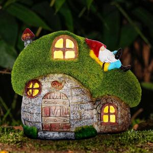 ILLUMINEW House Garden Statues with Solar Lights, LED Cute Flocked Fairy House with Gnomes Garden Figurine, Outdoor Patio Yard Lawn Decorations Gift