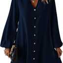 SweatyRocks Women's V Neck Pullover Shirt Dress A Line Long Lantern Sleeve Flared Loose Mini Dresses (Small, Blue)