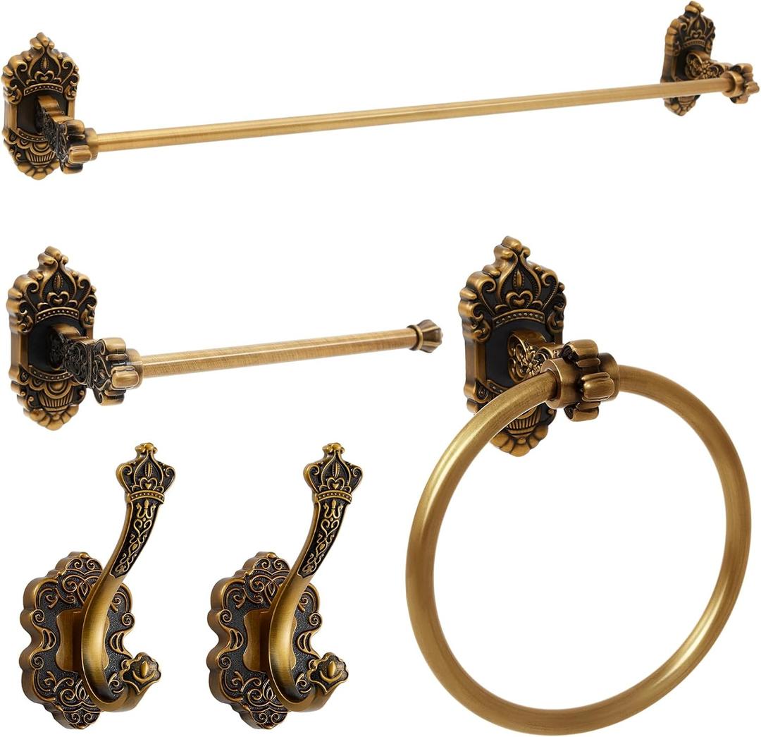 Zonon 5 Pieces Antique Brass Bathroom Hardware Accessories Set Vintage Towel Rack Toilet Paper Holder Towel Ring Robe Hook Wall Mounted for Bathroom Toilet Kitchen(Classic)