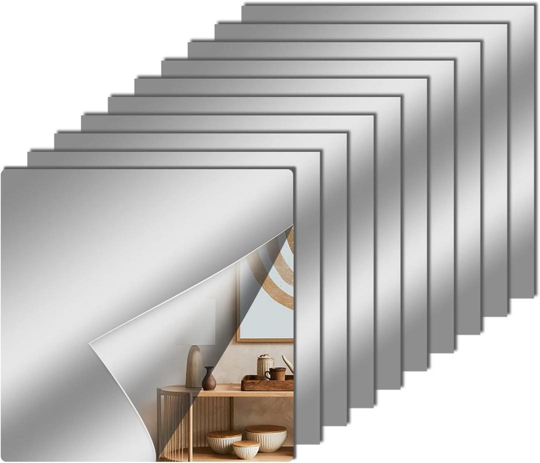 12" x 12" Acrylic Flexible Mirror Sheets, 4 Pack Self Adhesive Mirror Tiles Square Cuttable Mirrors Wall Stickers, Non-Glass Plastic Mirrors Stickers Safety Reflective for DIY Craft Home Wall Decor
