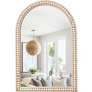 sawsile Gold Irregular Wall Mirror,20x30” Asymmetrical Farmhouse Gold Modern Wood Distressed Vanity Accent Boho Beaded Mirror for Bathroom,Living Room,Washroom,Bedroom