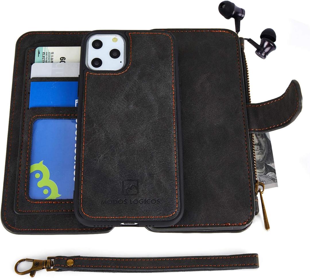 MODOS LOGICOS Case iPhone 11 Pro Max, [Detachable Wallet Folio][2 in 1][Zipper Cash Storage][Up to 14 Card Slots 1 Photo Window] PU Leather Purse with Removable Inner Magnetic TPU Case - Black