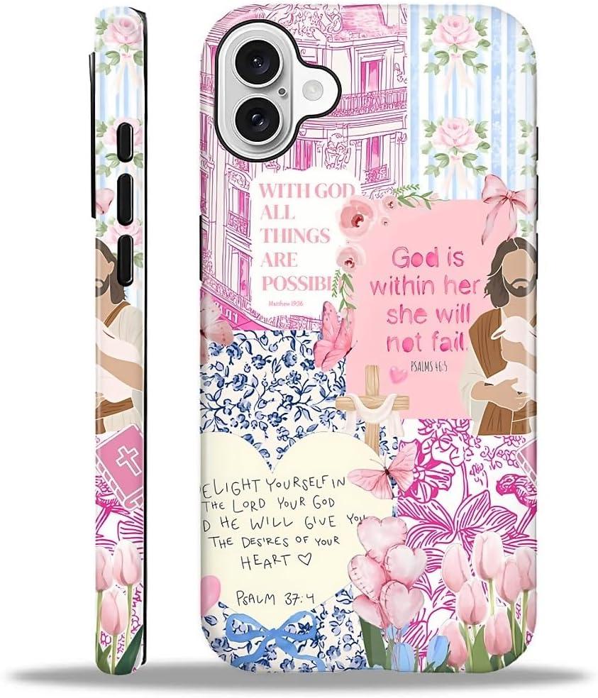 Case Designed for iPhone 16, Hybrid 2-Layer Case, Military-Grade Protection Durable Shockproof Anti-Scratch Phone Case, Pink Blue Jesus Collage
