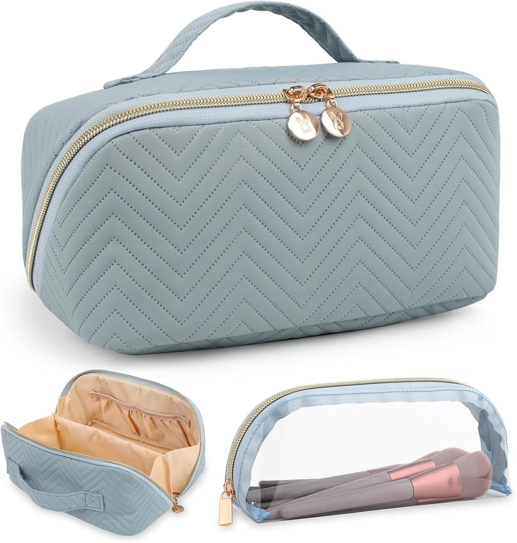 Makeup Bag Cosmetic Bag, Large Capacity Travel Makeup Bag for Women with Portable Pouch Open Flat Water-resistant Toiletry Organizer Bag with Handle(Blue with Brush Holder)