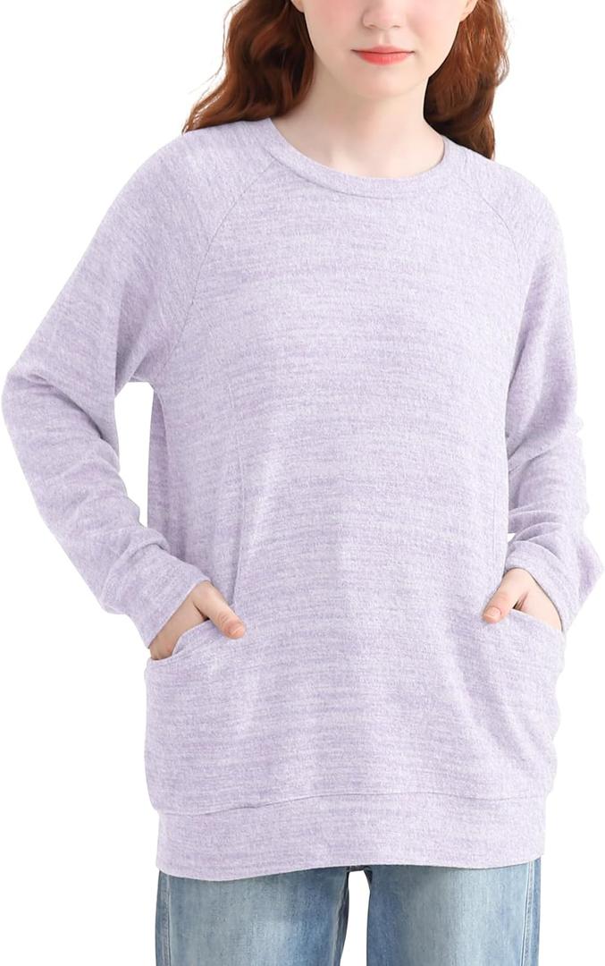 Girls Long Sleeve Shirts Casual Tees Raglan Crewneck Sweatshirts Loose Fit Pullover with Pockets for 6-13 Years (Purple)