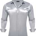 Barry.Wang 70s Disco Shirts for Men Satin Button Down Luxury Shiny Shirts | Shiny Satin, Disco Party Nightclub,Solid Long Sleeve Button Up Shirt,70s Prom Dress Shirts Wedding, Club,Business Casual (Silver, S)