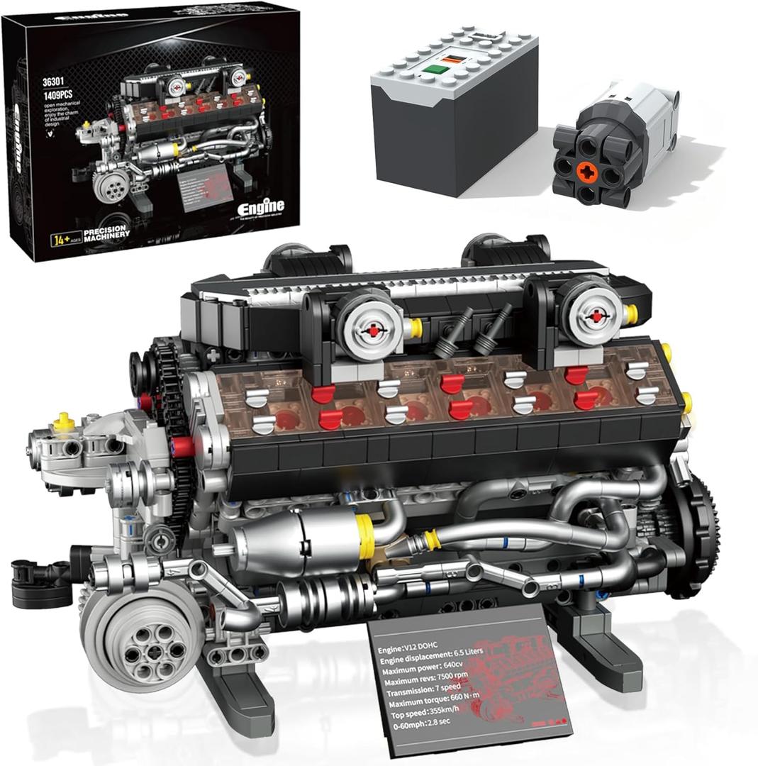 V12 Engine Building Set for Adults and Teens 14+, 1409 PCS Motorized Mechanical Engineering Model Kit That Runs, MOC Engine Toy with Battery Box and Motor, Compatible with Lego, STEM Gift for Men