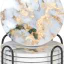 Nipichsha Coasters for Drinks, Set of 6 Cute Absorbent Ceramic Drink Coasters for Cup with Holder and Cork Base, Kitchen Home Decor Housewarming Gift, Round 4 in, White Gray Gold