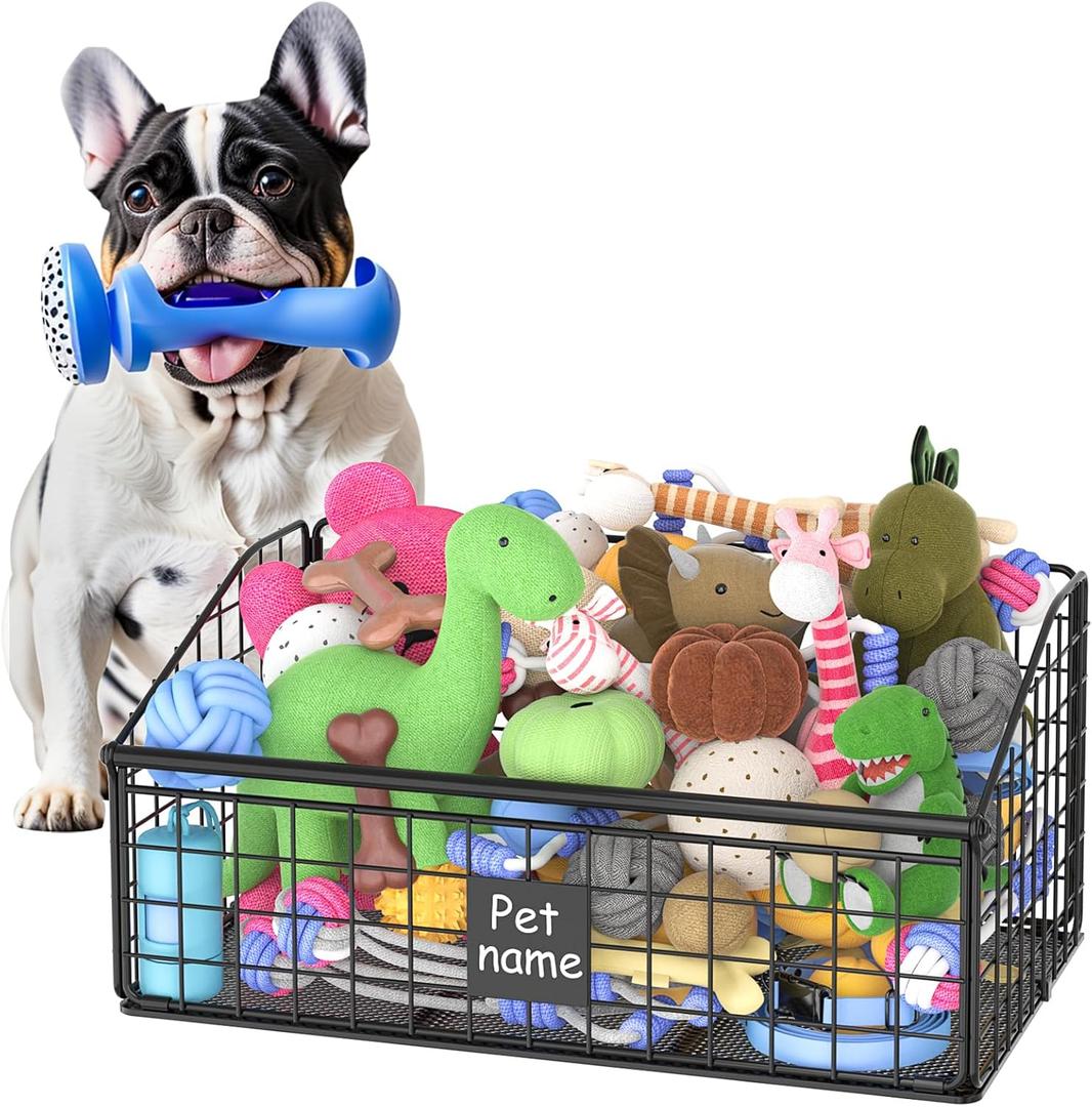 Indestructible Dog Toy basket, Medium Toy Box for Dogs,Pet Toy Bin Dog Metal Basket for Toys, Toy Storage Organizer, Toy Box for Living Room Area (Black) (M:16.5"L x 10.8"W x 8.5"H)