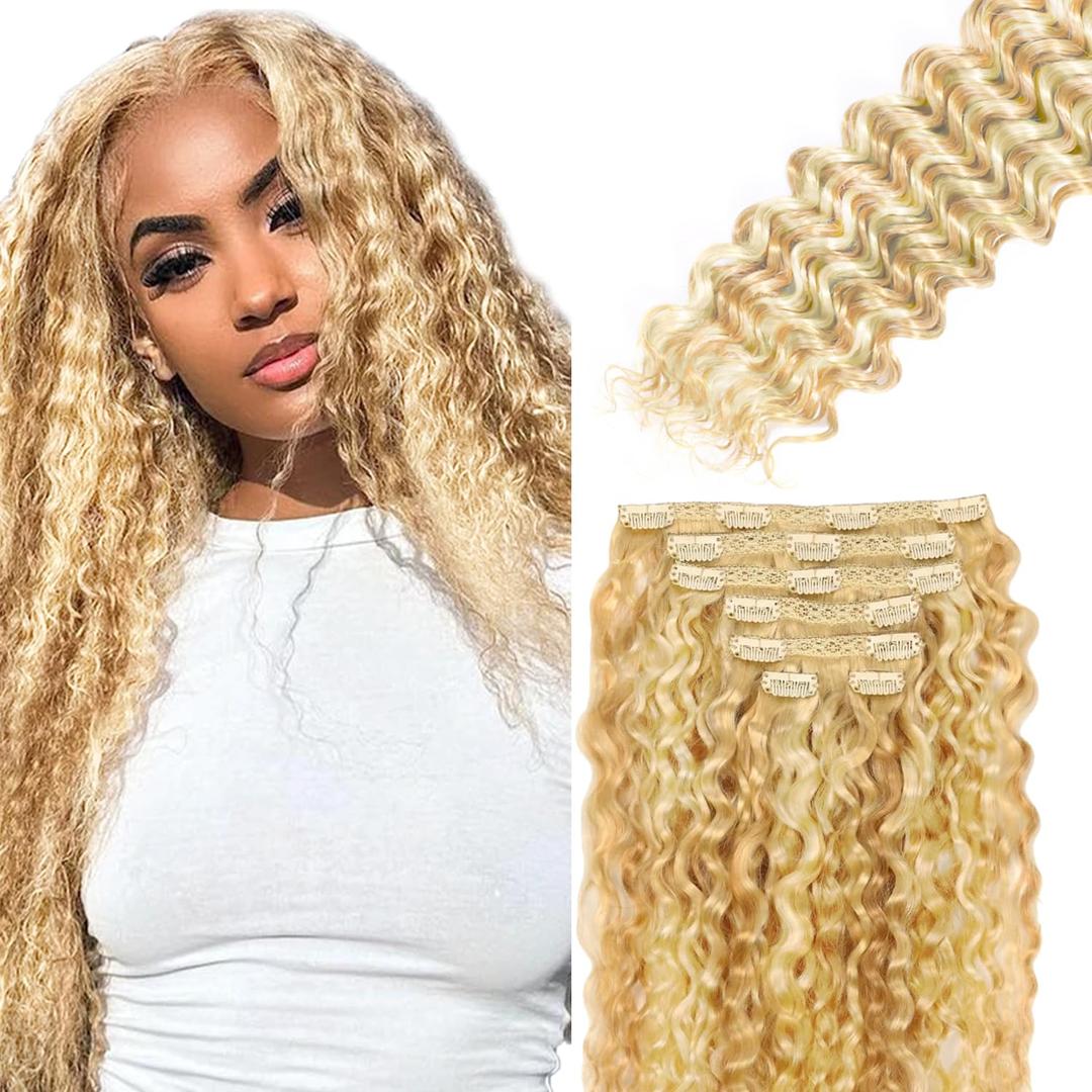 18 Inch P27/613 Blonde Body Wave Clip in Hair Extensions,120g 7pcs, Highlight Human Hair Extensions Honey Blonde Body Wave Clip ins for Women