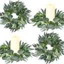 Thinkday 4 Pcs Eucalyptus Candle Ring Small 4 Inch Center Mini Artificial Wreaths Green Floral Leaves Pillar Holder Centerpieces for Wedding Door Wall Window Kitchen Cabinet Farmhouse Decoration