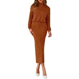PRETTYGARDEN Turtle Neck Dresses for Women 2026 Fall Knit Outfits Slit Elastic Waist Long Sleeve Bodycon Midi Sweater Dress (Orange, S)