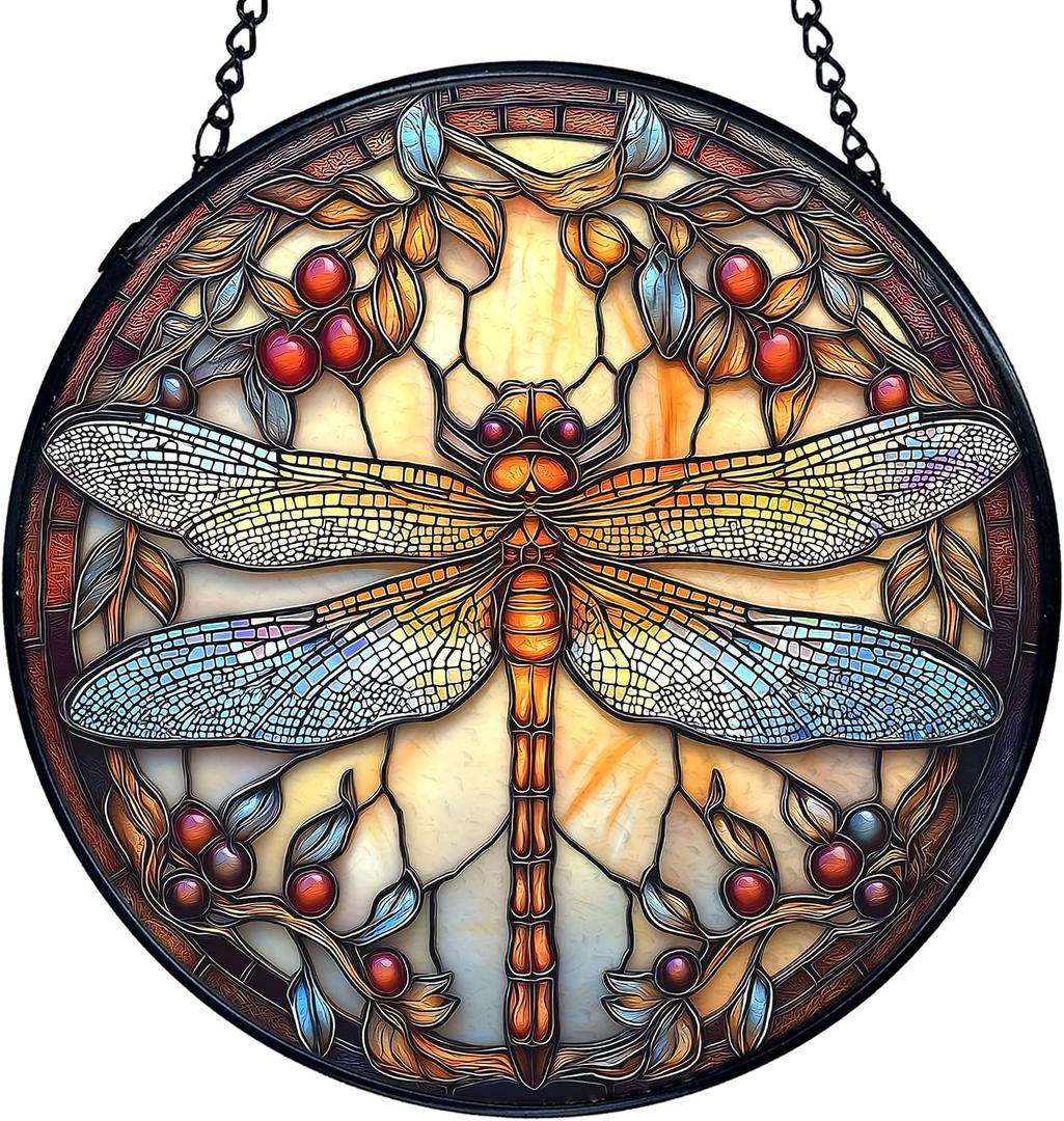 TNUW Dragonfly Stained Glass Window Hanging, Nature Insect Dragonfly Sun Catchers Indoor Window Glass Round Wall Art Decor, Dragonflies Wall Hanging Decorations, 7.9＂x7.9＂