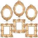 Leinuosen 6 Pcs Mini Gold Frames Tiny Vintage Resin Picture Holder Small Antique Gold Tiny Oval Rectangle Baroque Frames DIY Wall Hanging Picture Holder for Home Decor Photo Props, Without Backing