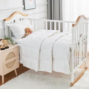 Baby Crib Comforter Lightweight Summer Cooling Goose Down Duvet, Hypoallergenic 100% Organic Cotton Quilted Washable Air Conditioner Nursery Blanket with Corner Tabs, White 33x43 Inches