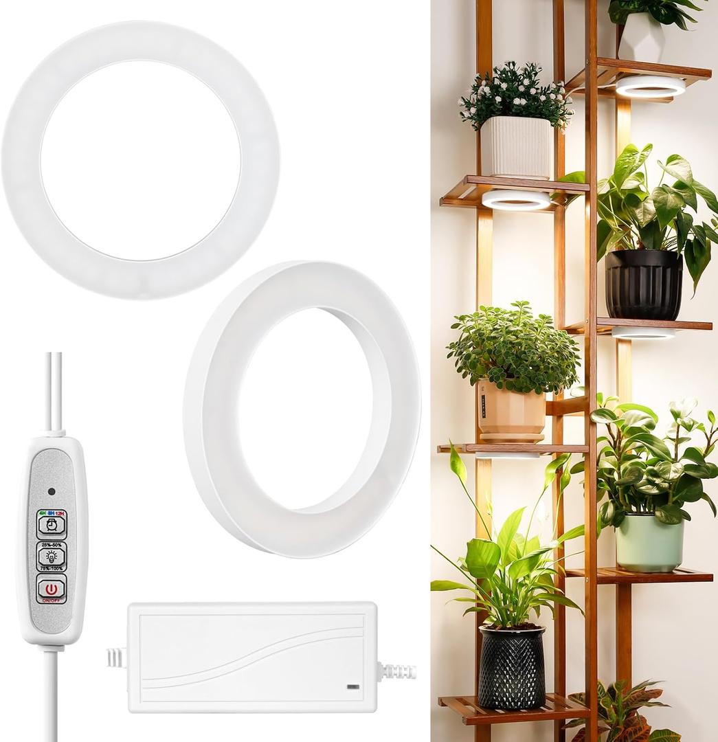 LORDEM 6.3 Ceiling Grow Light for Indoor Plants, 144 LEDs Full Spectrum Halo Grow Lamp, Under Cabinet Plant Lamp with 4/8/12H Auto Timer, 4 Dimmable Brightness Levels, Ideal for Pot Plants, Dual Head