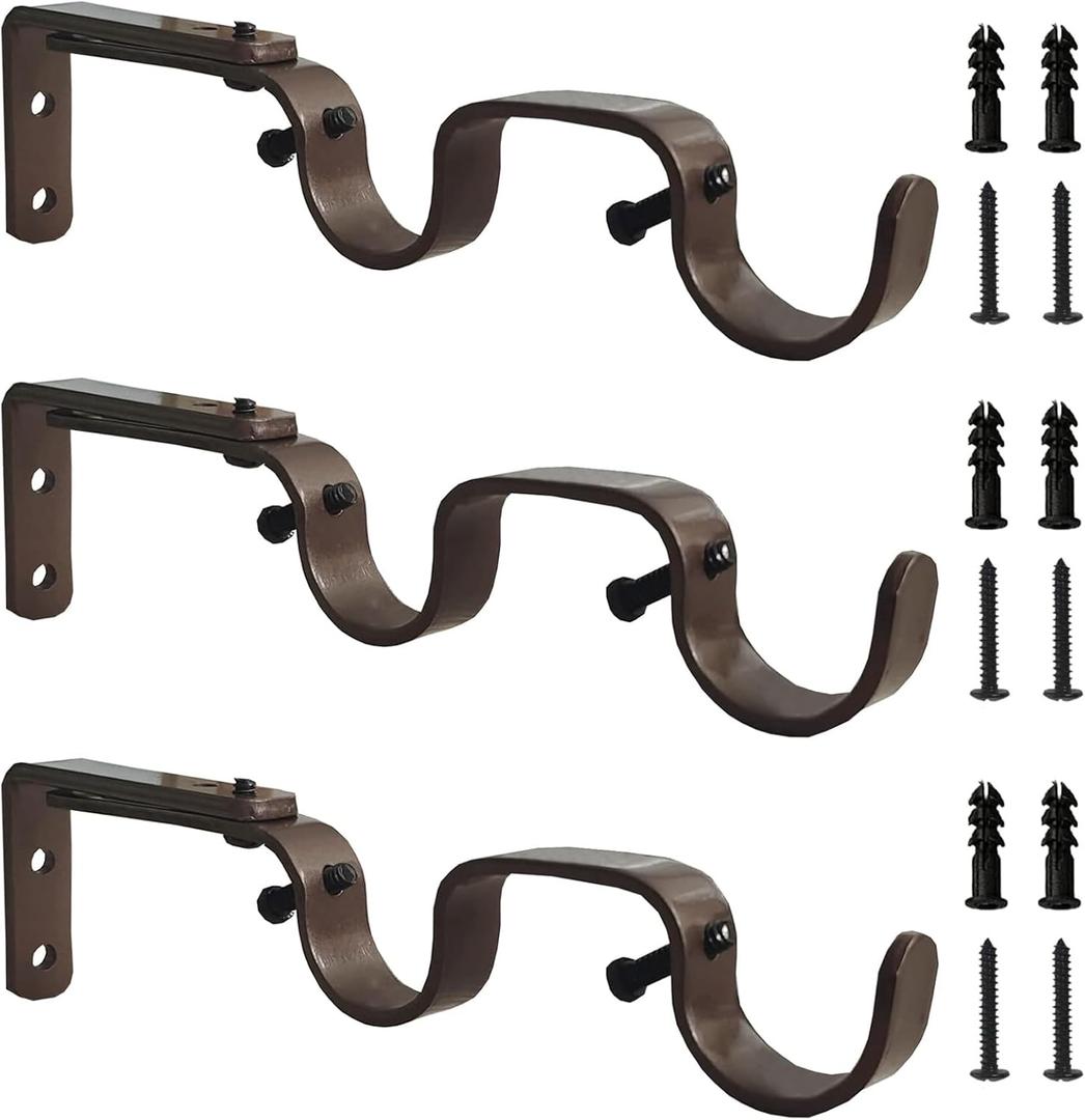 Heavy Duty Curtain Brackets, Fits up to 1 Inch Rods, Adjustable Double Curtain Holders, Set of 3, Bronze