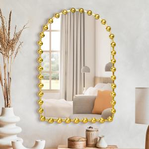 Arched Bathroom Mirror, 20"x30" Vintage Gold Metal Beaded Frame, Large Rustic Arched Wall Mirrors for Bedroom, Living Room, Hallway, Fireplace