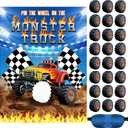 Faccito Monster Truck Birthday Games Pin The Wheels on The Monster Truck Large Poster with 24 Wheel Stickers and Game Blindfold Cars Pin The Wheels Game for Birthday Decorations Trucks Party Supplies