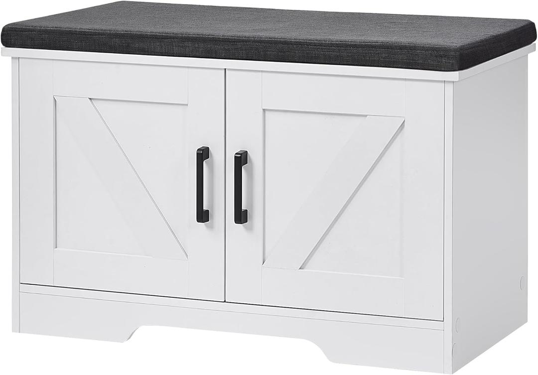 HOMSHO 2-Tier Storage Bench, 27.6" Wide Shoe Bench with Padded Seat Cushion, Entryway Bench with 2 Barn Doors and Adjustable Shelf, White