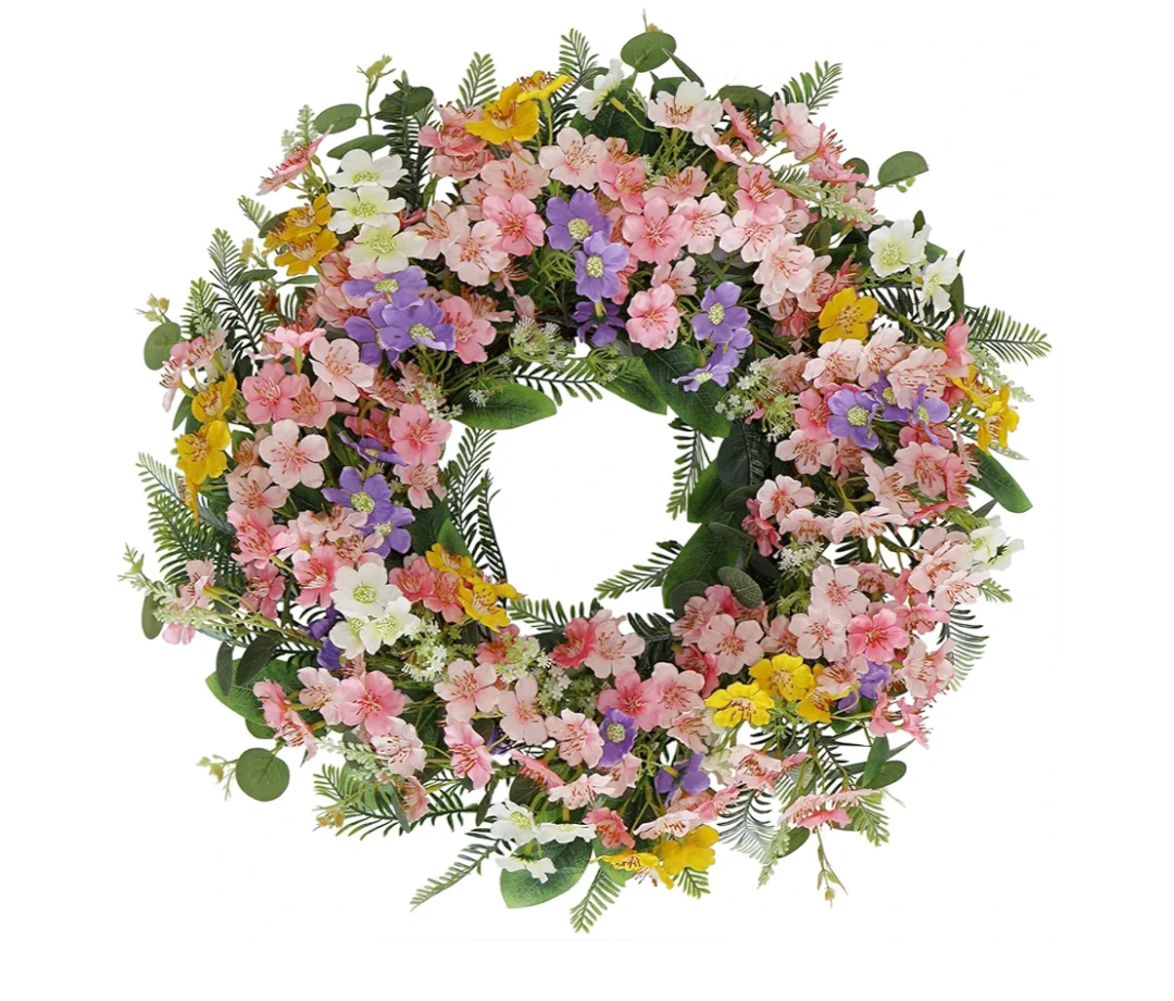 Faux Silk Cherry Blossom Flower Spring Summer Wreath 20-22" for Front Door – Pink Purple Yellow Plum Blossom Green Eucalyptus Leaves – Farmhouse Front Porch Wreath Decor, Outdoor Indoor Use