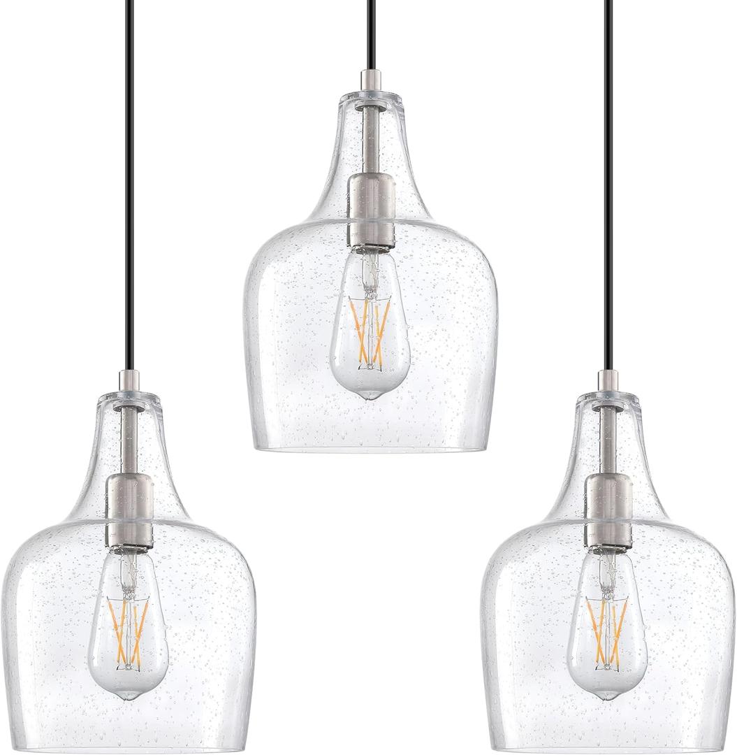 3 Pack 1 Light Indoor Hanging Kitchen Island 7.1" Clear Seeded Drum Glass Pendant Light Fixture,Brushed Nickel Finish Modern Farmhouse Dinning Over Sink