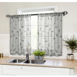 HOMEIDEAS Grey Kitchen Sheer Tier Curtains Leaf Embroidered, 30x36