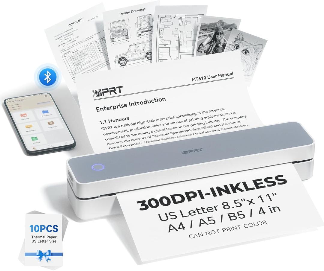 iDPRT Portable Printer Wireless for Travel - Bluetooth Mobile Printer Support for 8.5"x11" US Letter, Inkless Compatible with iOS, Android, Laptop for Office, Car and Home (300DPI, White)