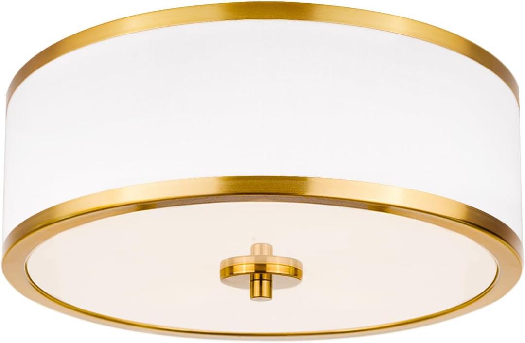 3-Light Flush Mount Ceiling Light Fixture, 12.6" Drum Light with White Fabric Shade, Modern Close to Ceiling Light for Living Room Bedroom Dining Room Kitchen Hallway Entry (Brushed Gold)