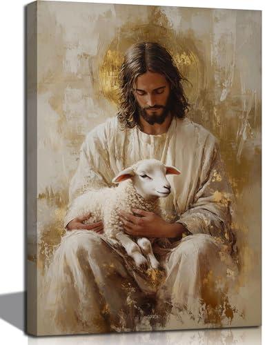Jesus and Lamb Canvas Wall Art Abstract Christian Poster Prints Bible Stories Picture Artwork Wall Decor for Bedroom Living Room Prayer Room Church 24x16in Framed