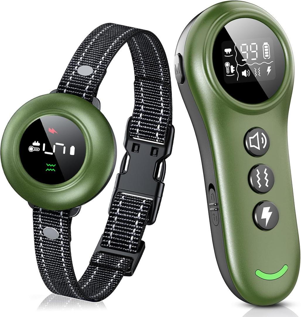 2-in-1 Dog Shock Collar & Dog Bark Collar - Smart Anti Barking Dog Training Collar with 5 Adjustable Sensitivity & 3300FT Remote for All Breeds IP67 Waterproof Rechargeable E-Collar (Green)