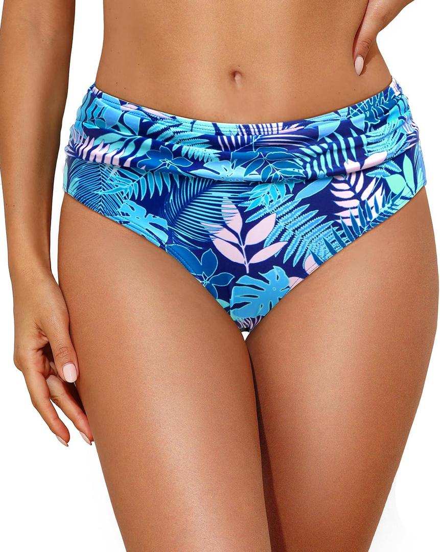 Tempt Me Women Blue Leaves Mid Rise Bikini Bottoms Full Coverage Swimsuit Ruched Scrunch Swim Bottom M