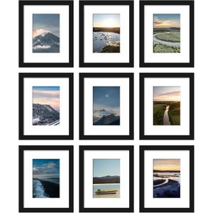 Wiscet 8x10 Picture Frame Set of 9, Display Pictures 5x7 with Mat or 8 x 10 Without Mat, Photo Frame for Wall Mounting or Tabletop, Black