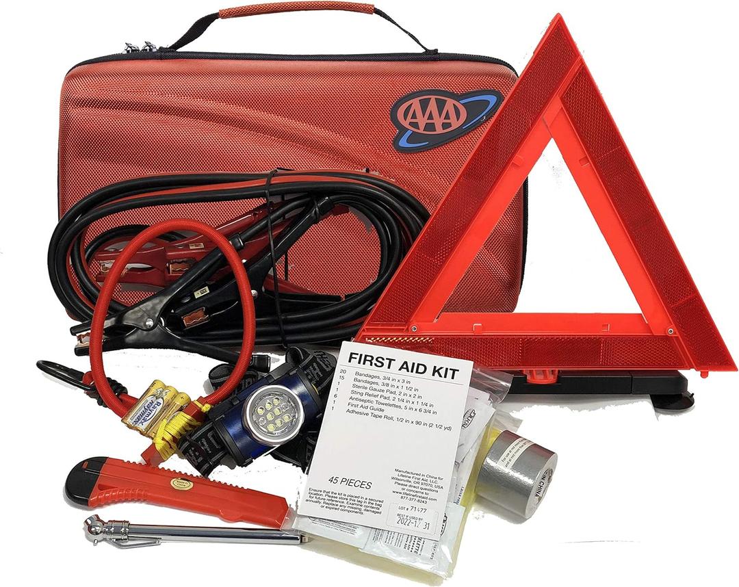 Lifeline AAA Executive Road Kit, 64 Piece Emergency Car Jumper Cables, Headlamp, Warning Triangle and First Aid Kit